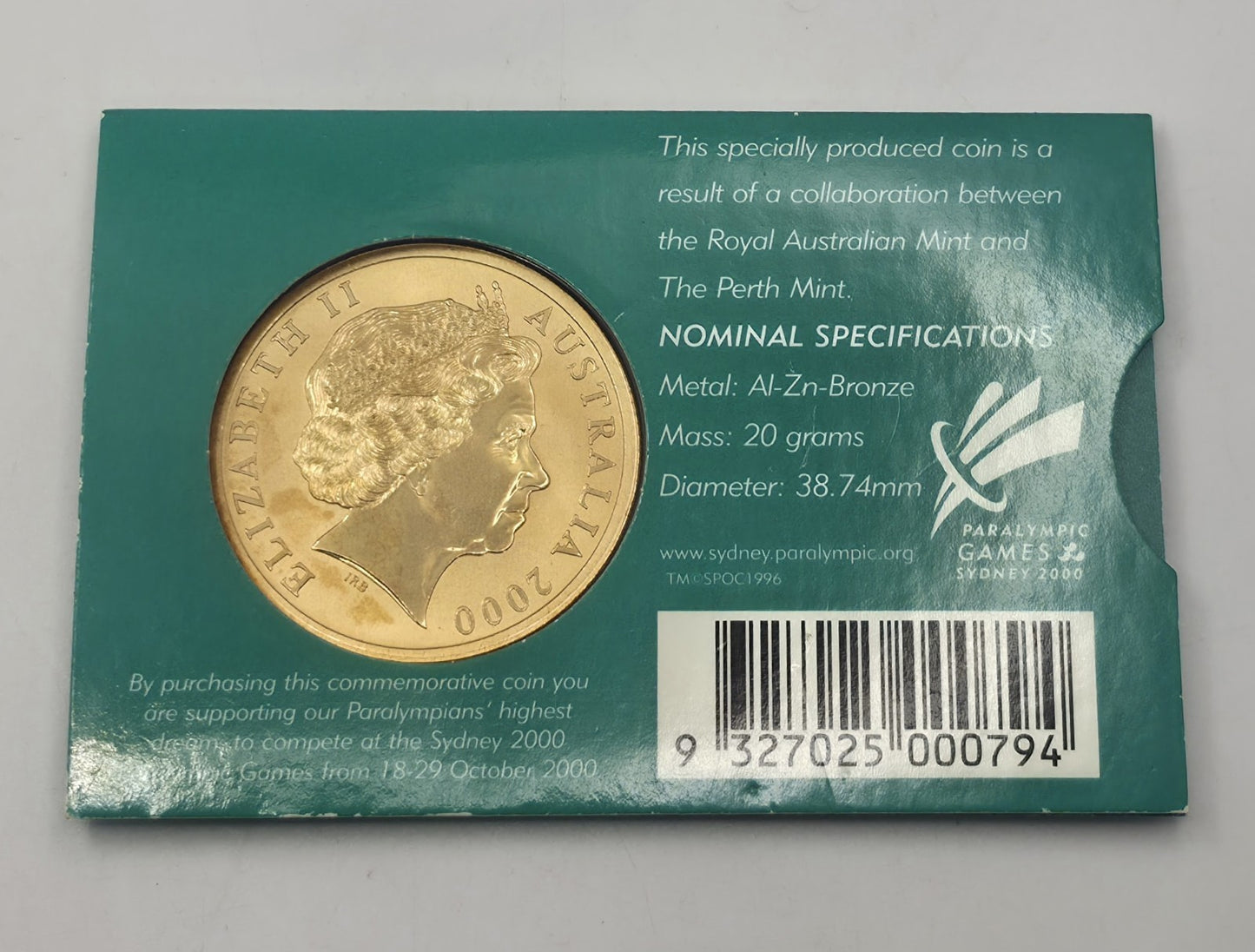 2000 Australia $5 Five Dollar Commemorative Coin Sydney Paralympic Games Al-Zn-B