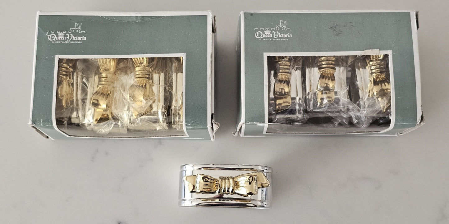 Set of 8 Queen Victoria Silver Plated Napkin Rings with Gold Bows - New in Box