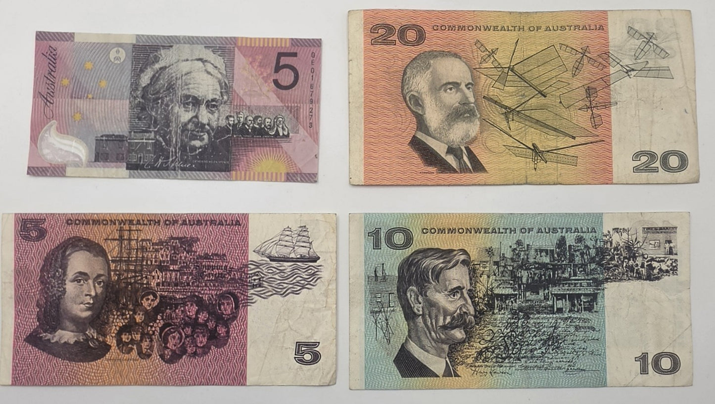 Australian Paper & Polymer Banknote Bundle Vintage $20 $10 $5 Notes Collectible
