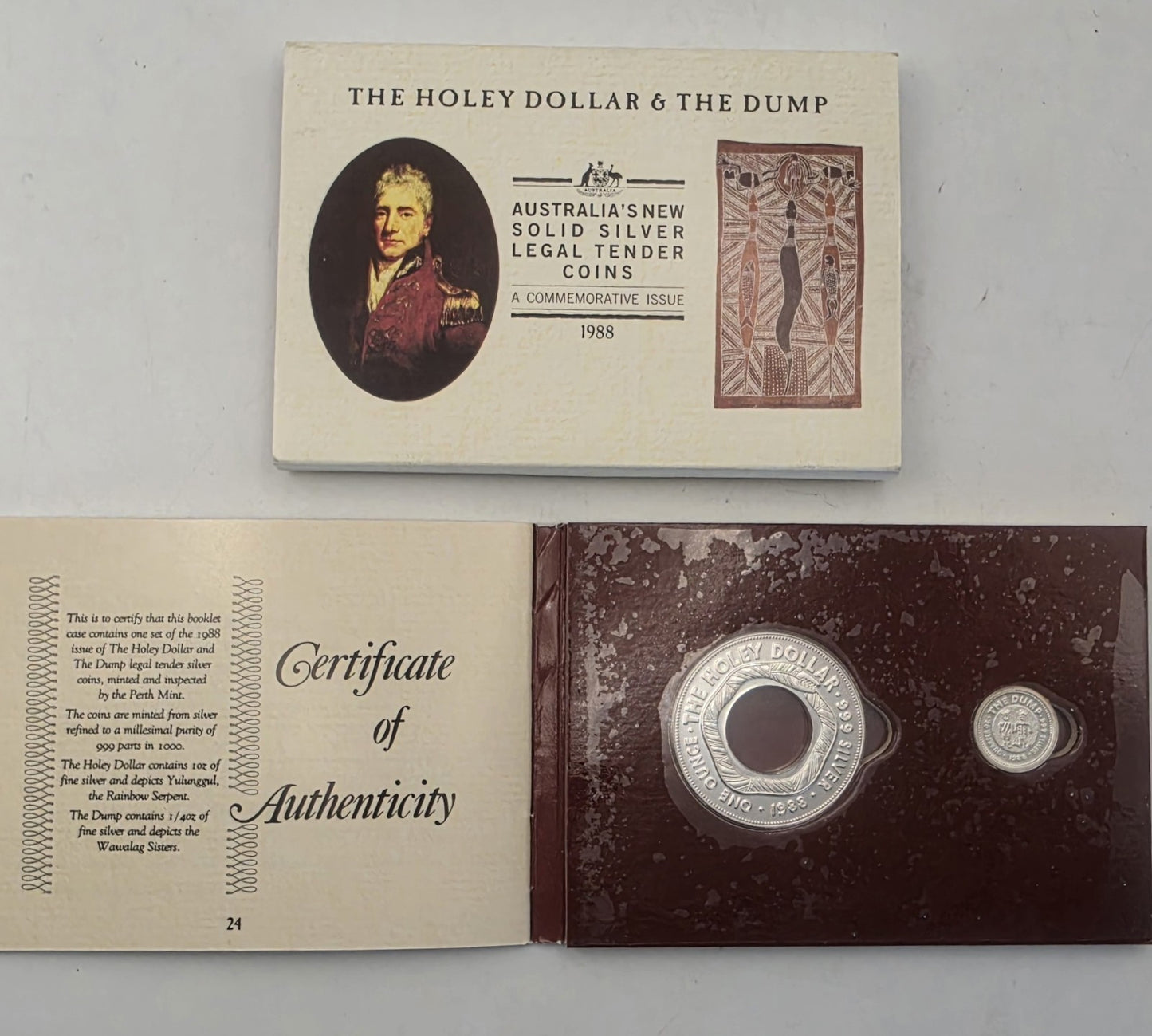 1988 Australia Perth Mint Holey Dollar and Dump Solid Silver Proof Coin Set Box