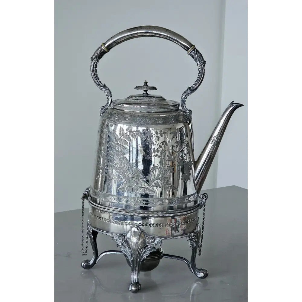 Antique Silver Plated Tea Kettle on Stand with Burner, Floral Design-43*27*23cm