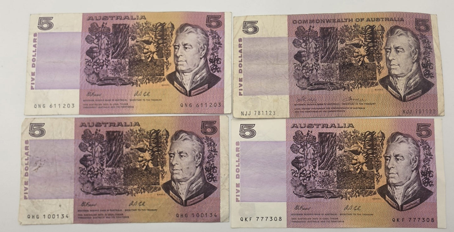 Vintage Australian $5 Paper Banknotes Sir Joseph Banks Lot of 4 Notes Collectibl