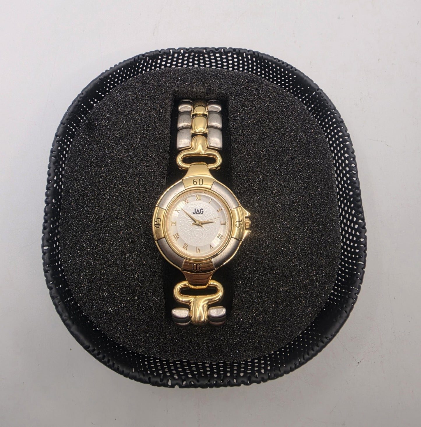 Vintage JAG Ladies Two-Tone Gold & Silver Watch - Roman Numerals, Patterned Dial