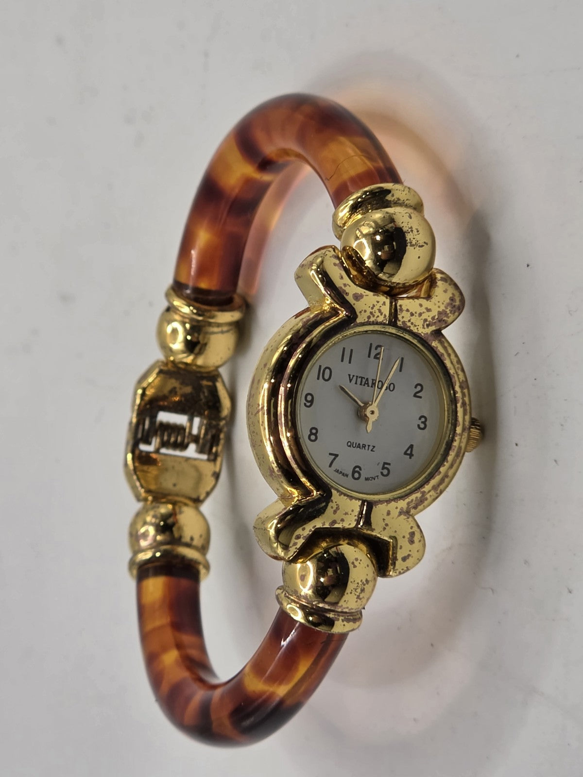 Vintage Vitaroso Women's Bangle Watch Gold Tone Tortoise Shell Style Resin Band