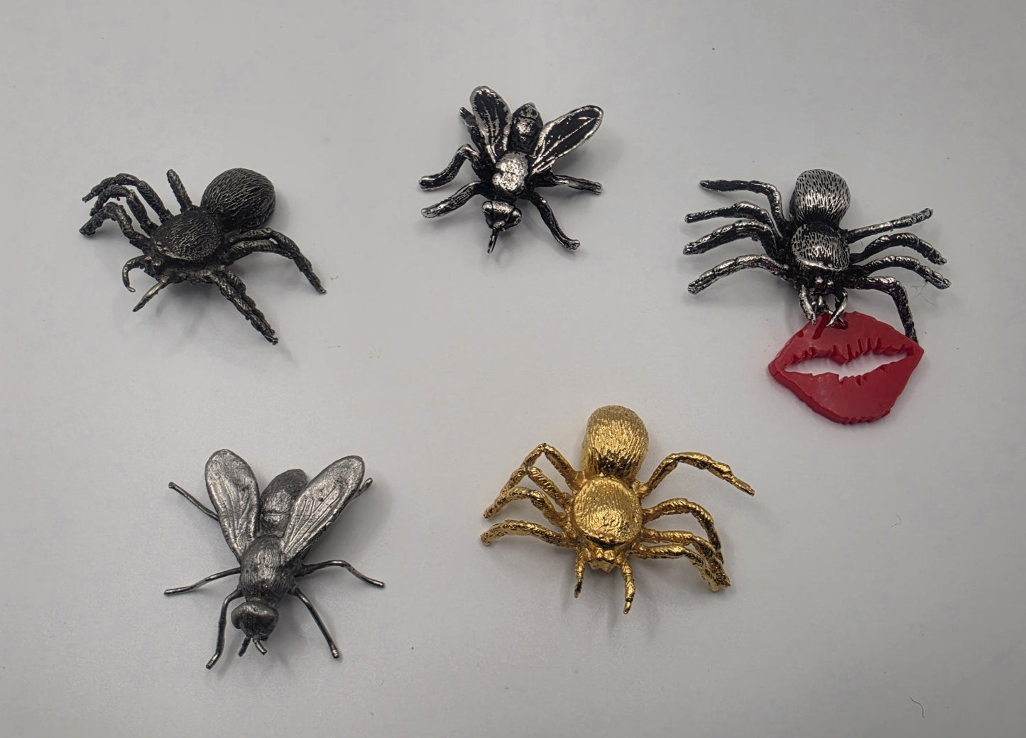 Vintage 5xGothic Insect Spider Fly Charms Pins Lot Gold Silver Pewter Punk Retro