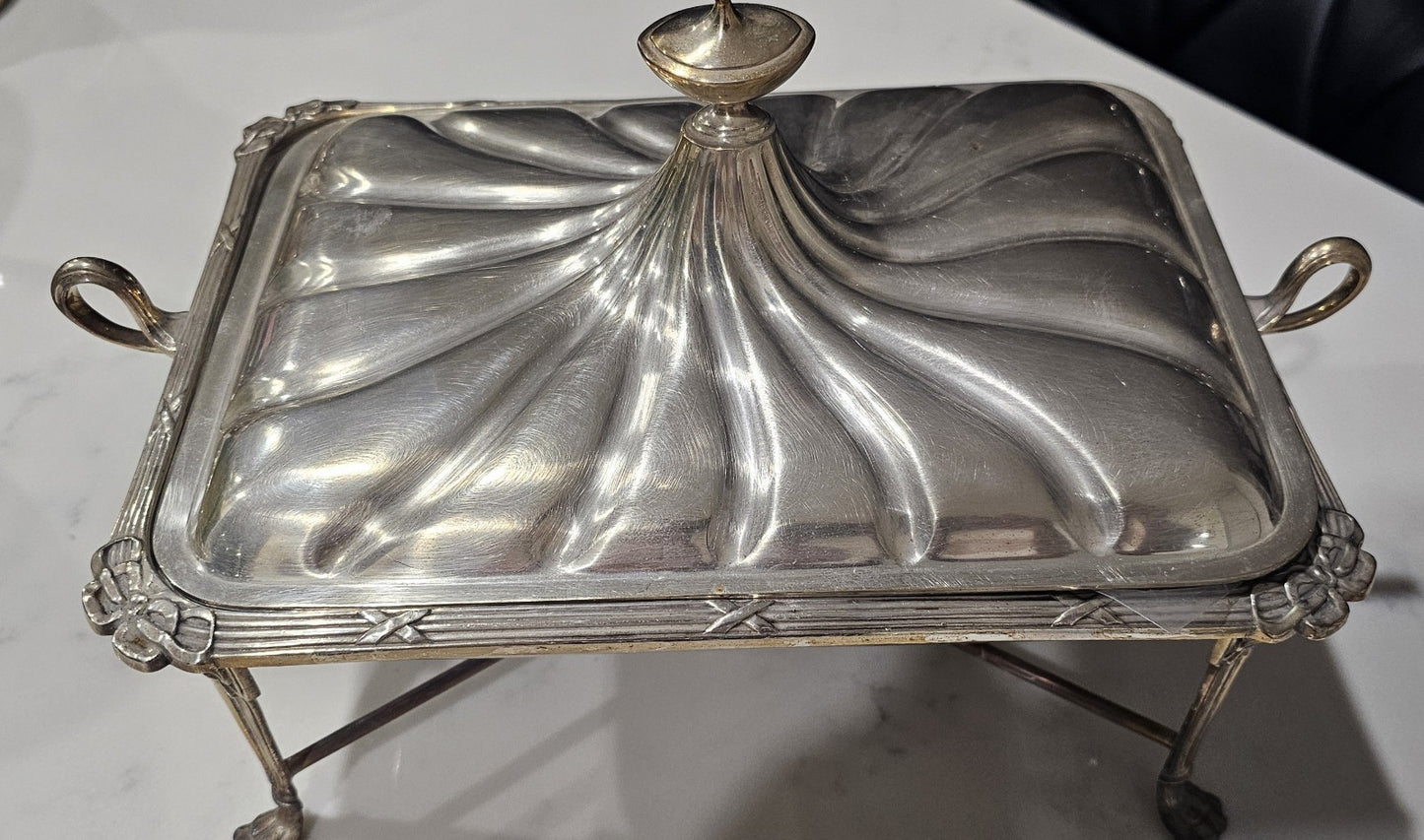 Vintage Silver Plated Chafing Dish with Buffet Stand and Ornate Fluted Lid