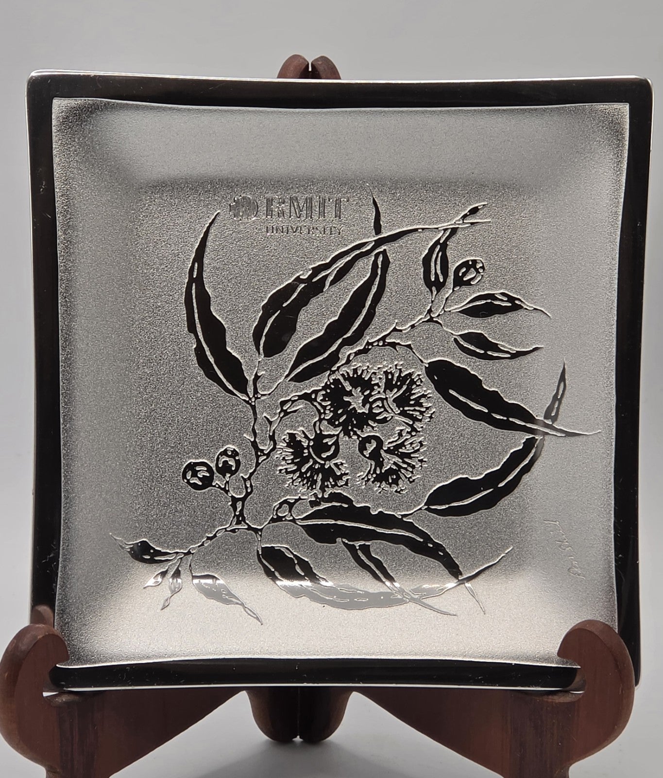 Vintage RMIT University Silver-Plated Dish by Ron Shell, Eucalyptus Motif 15x15c