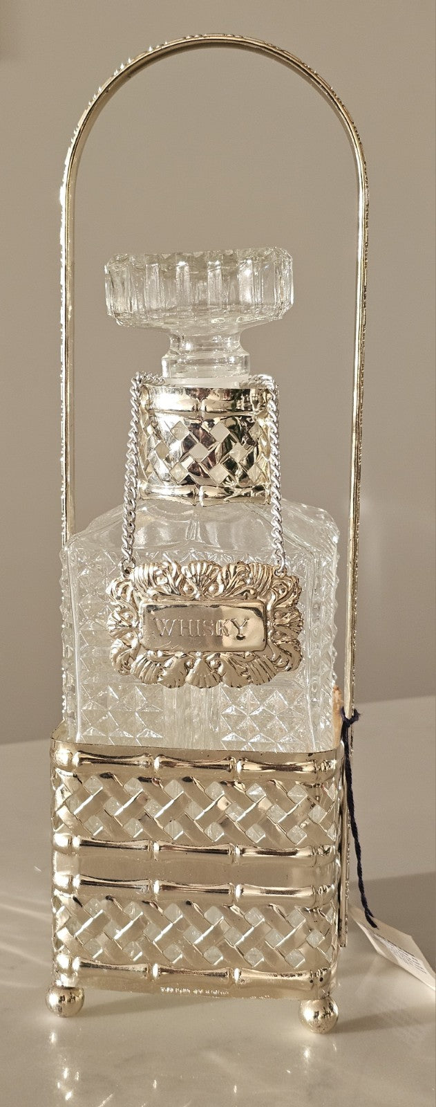 Queen Victoria Silver Plated Whisky Decanter with Woven Tantalus Cradle -England