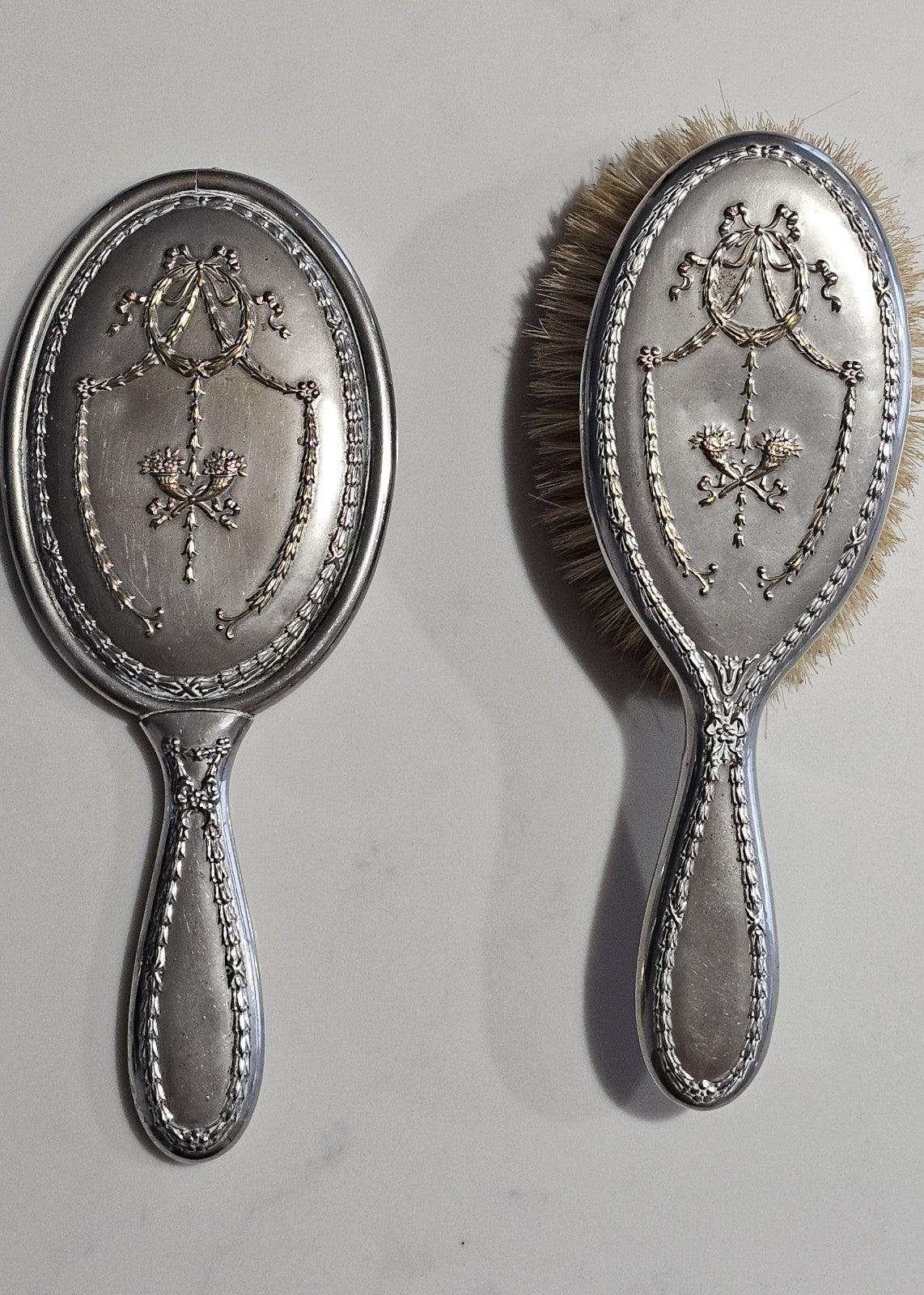 Vintage Silver Tone Embossed Hand Mirror and Hair Brush Vanity Set