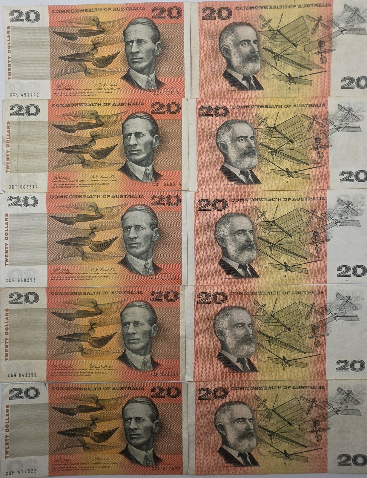 Vintage Australian $20 Paper Banknotes Coombs Wilson Phillips Wheeler Lot of 10