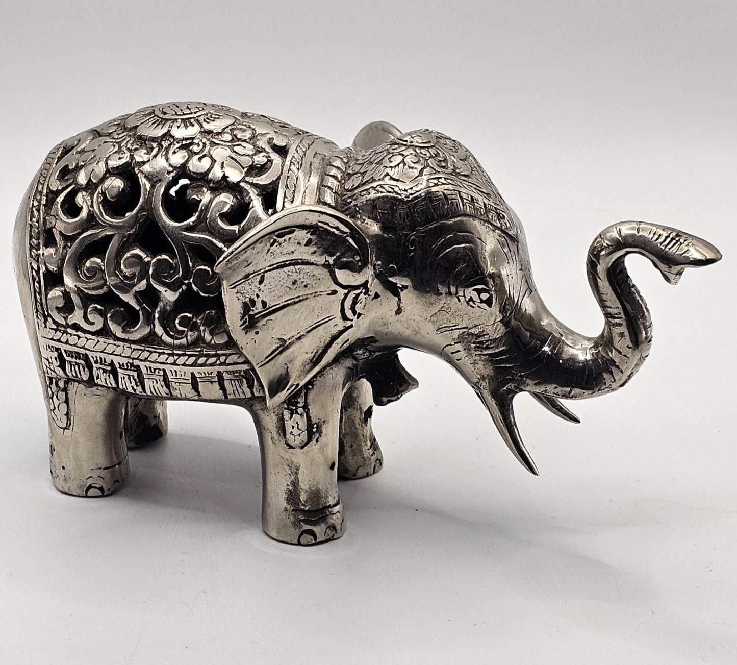 Vintage Silver Plated Filigree Elephant Figurine Ornate Hollow Metal Statue 18c
