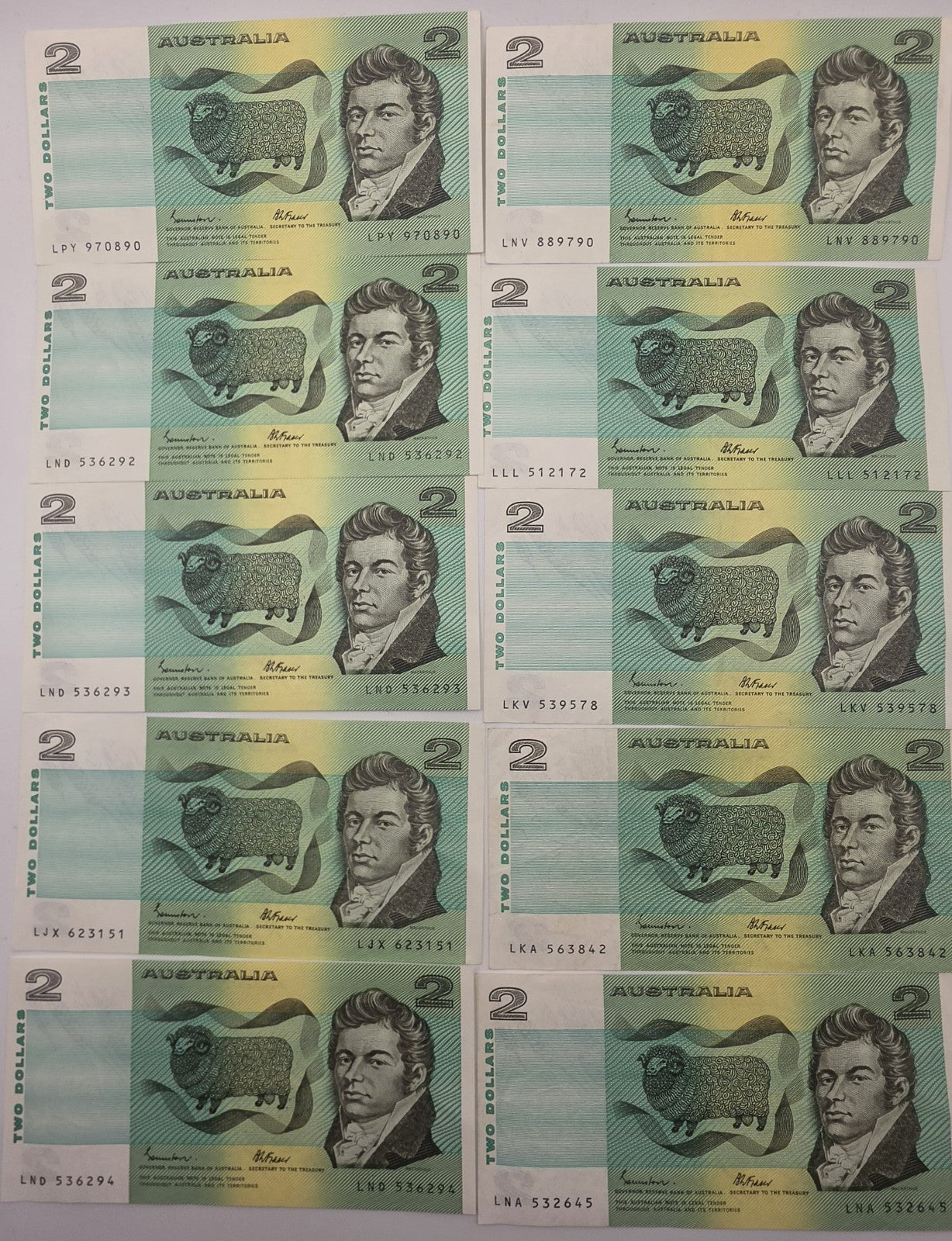 **Vintage Australian $2 Paper Banknotes Johnston Fraser Phillips Lot of 10