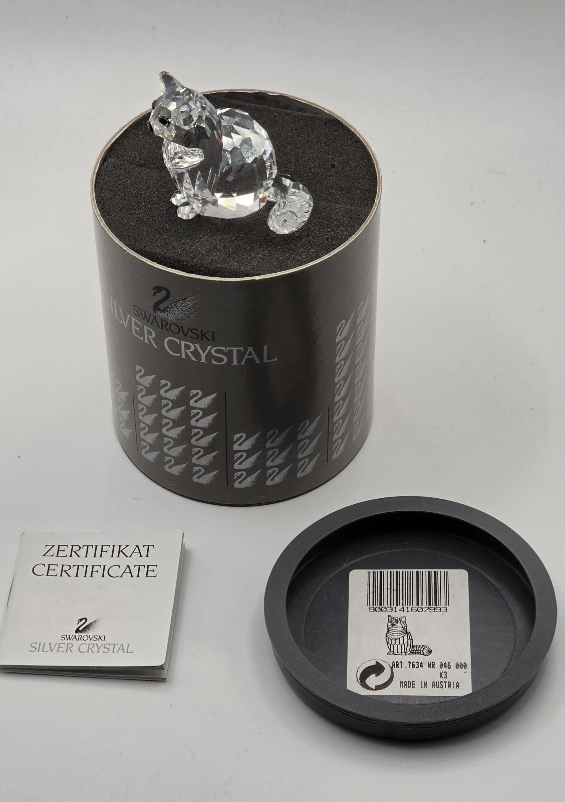 **Swarovski Silver Crystal Cat Figurine 7634 NR 046 000 Signed With Box & Certif