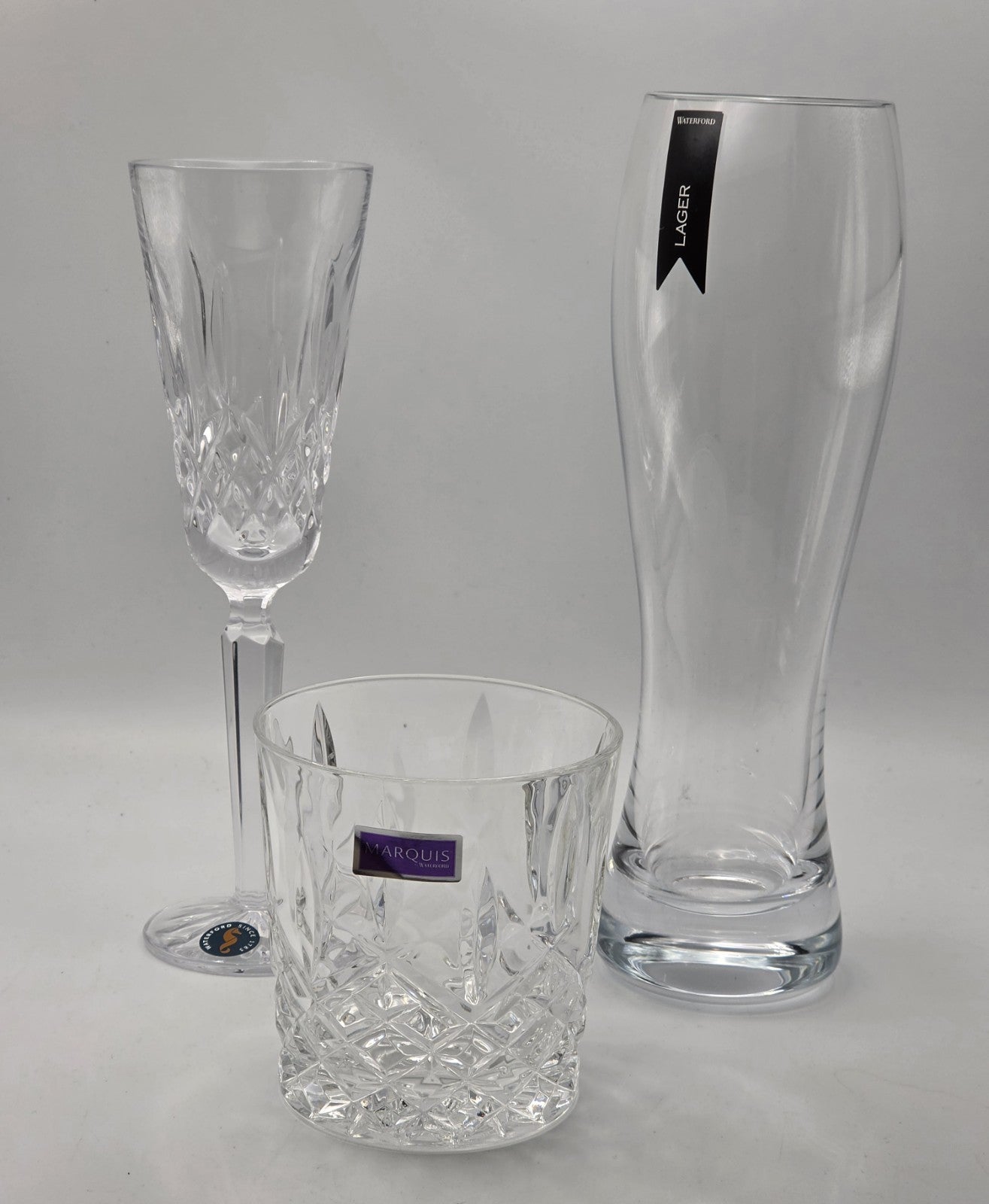Waterford Crystal Marquis Glassware Set - Champagne Flute, Tumbler, Lager Glass
