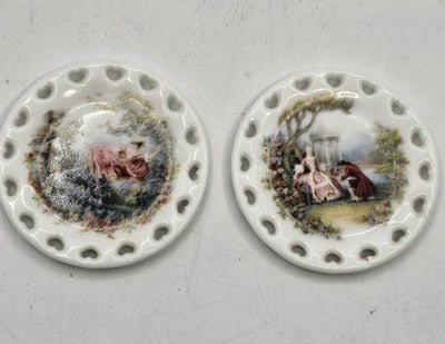 2xVintage Porcelain Miniature Plates with Rococo Courting Couple Scene Heart Rim