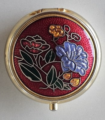 Vintage Cloisonné Enamel Floral Pill Box - Round Gold Tone Trinket Case