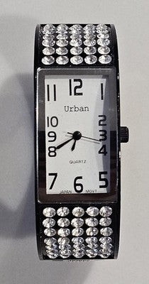 Urban Quartz Watch Women Black Hinged Cuff Bangle Rhinestone Rectangular