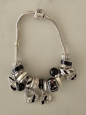 Pandora Charm Bracelet with 14 Black & White Enamel Charms – Non-Silver