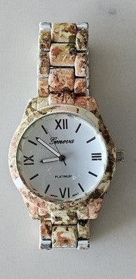 Geneva Platinum Quartz Watch Japan Movt Floral Pattern Link Bracelet
