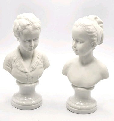Pair of Vintage Bisque Porcelain Boy & Girl Child Bust Statues Figures-20*11*8c