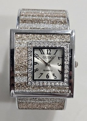 Gudoy Quartz Ladies Fashion Watch Sparkly Glitter Cuff Bangle Silver Gold Tone
