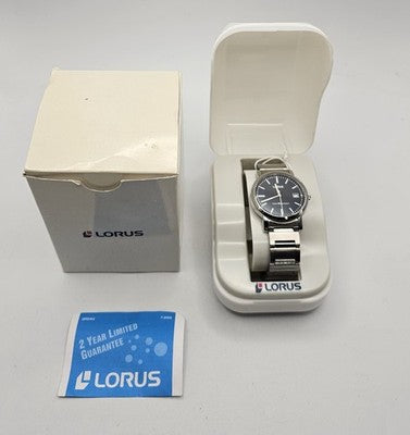 Lorus Mens Watch, Silver, Black Face, Day/Date Display, 50m WR - Boxed - Work