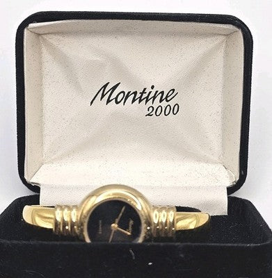 Montine 2000 Gold Tone Quartz Women's Cuff Bangle Watch Black Dial Boxed
