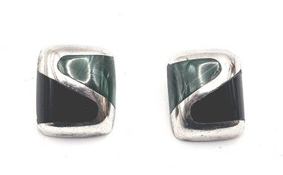 Vintage Mexican Sterling Silver Malachite & Onyx Clip-On Earrings by Alicia