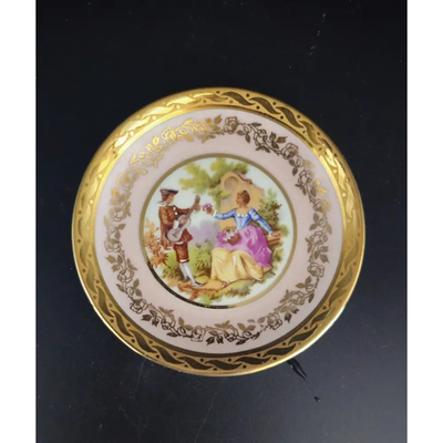 Vintage Limoges France Trinket Dish Pin Dish Courting Couple Pink Gold Rim EXC