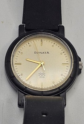 Sonata 7935PSA Analog Quartz Watch Black Case Strap Gold Dial Working