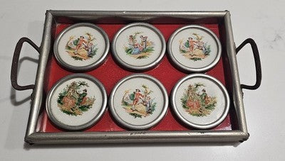 Vintage Set of 6 Coasters with Mini Serving Tray - Courting Couple Scene - Victo