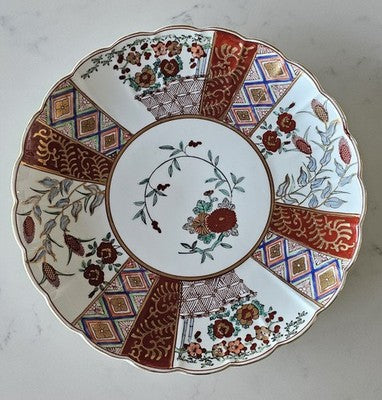 Vintage Japanese Imari Style Scalloped Porcelain Plate-Hand Painted Floral 31cm