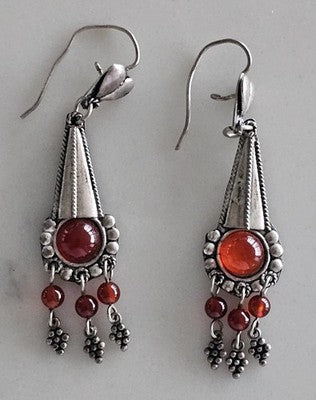 Vintage AZIZ 925 Sterling Silver Dangle Earrings with Red Carnelian Cabochons