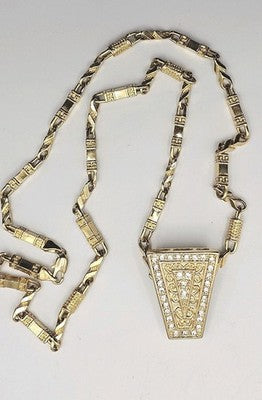 Gold Tone Rhinestone Trapezoid Pendant Necklace