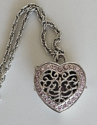 Elite Heart Locket Pendant Watch Silver Tone Pink Rhinestone Filigree Necklace
