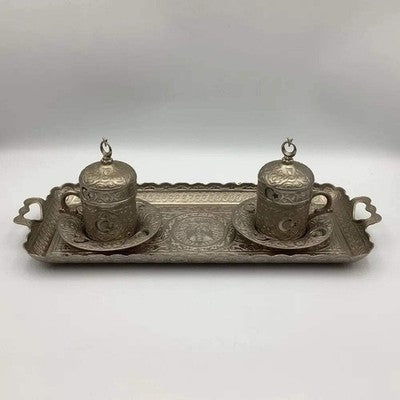 Acar Turkish Coffee & Tea Set | Silver-Finished Metal with Tray, Cup & Saucer