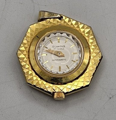 Vintage DIANTVS 17 Jewel Gold Tone Octagonal Pendant Watch Black Fish Back Work