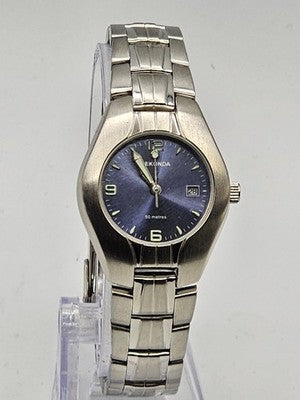 SEKONDA Ladies Silver Tone Blue Dial Quartz Watch 50M Water Resistant Boxed,