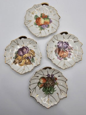 Vintage Japanese Leaf-shap Dishes Floral Printed Designs and Gold Trim -Set of 4
