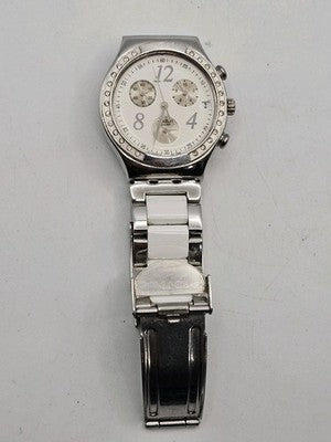 SWATCH IRONY Chronograph V8 Ladies Watch White Dial Stainless Steel & Ceramic Br