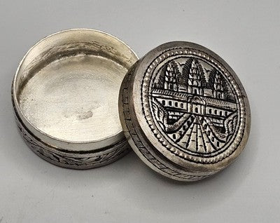 Vintage Carved Silver Trinket Box "Cambodia" - Engraved Angkor Wat Temple 65.7g