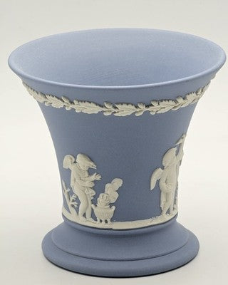 Vintage WEDGWOOD England 1979 blue jasperware flared top vase with cherubs