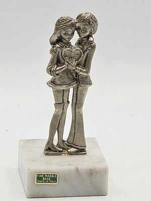 VINTAGE Italian Pewter/Metal Lovers Couple Figurine Fine Marble Base