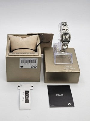 NEXT Women's Silver Tone Watch Square Face Diamante Bezel Bracelet Band Boxed
