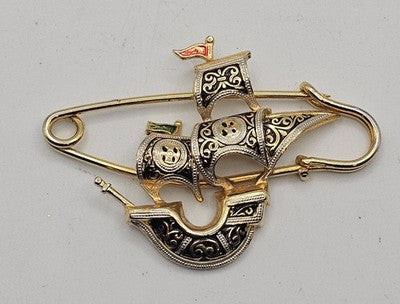 Unique Gold Tone Ship Pin Nautical Brooch with Enamel Detail - 7x5cm