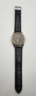 Classic EMI Quartz Analog Watch Black Strap Rose Gold Tone Bezel