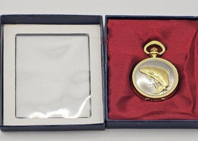 VINTAGE GOLD-TONE POCKET WATCH WITH JUMPING FISH DESIGN IN GIFT BOX - Working