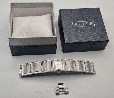Elite Ladies Quartz Watch Rectangular Silver Tone Dial Unique Textured Band Boxe