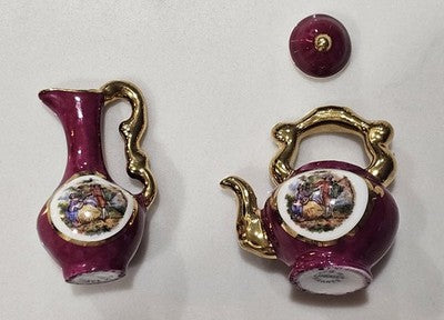 Vintage Limoges France Miniature Tea Set Burgundy and Gold Fragonard Design