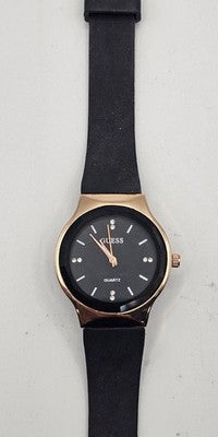 Guess Gold Tone Quartz Watch Black Rubber Strap In Working Condition